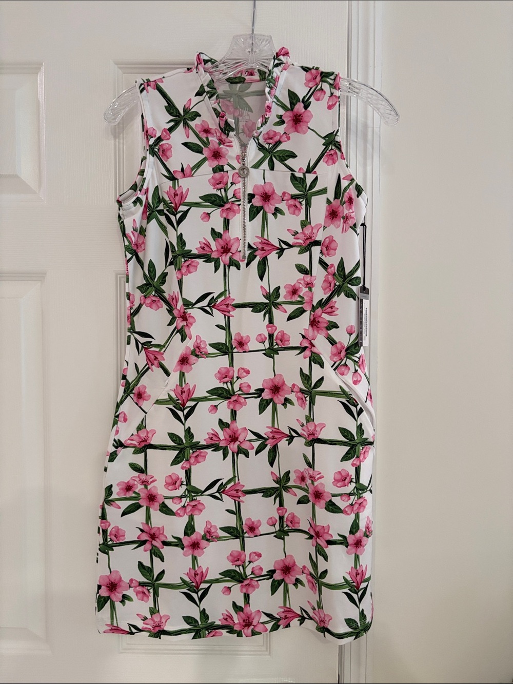 Tail White Sleeveless Mini Dress with Pink Floral Print